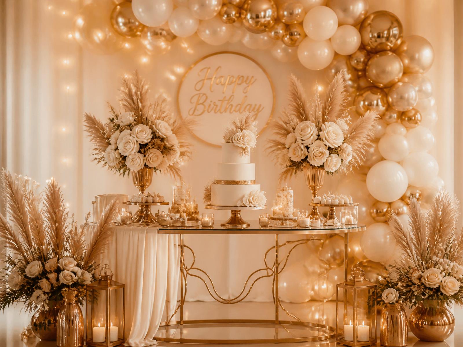 Decoração de festa com balões e bolo
